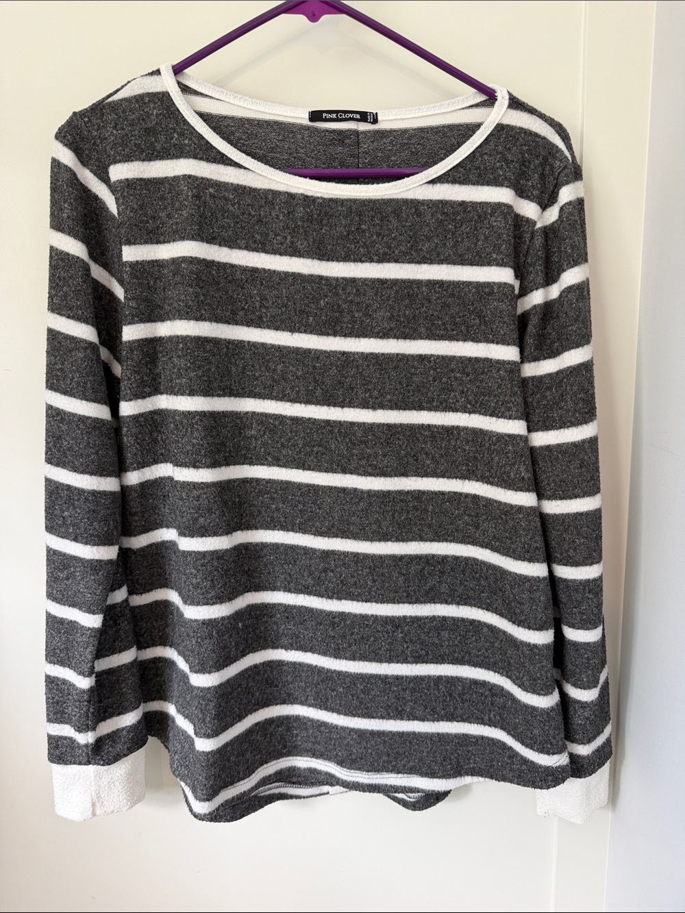 Pink Clover Charcoal Gray & White Striped Crew Neck Sweater Soft